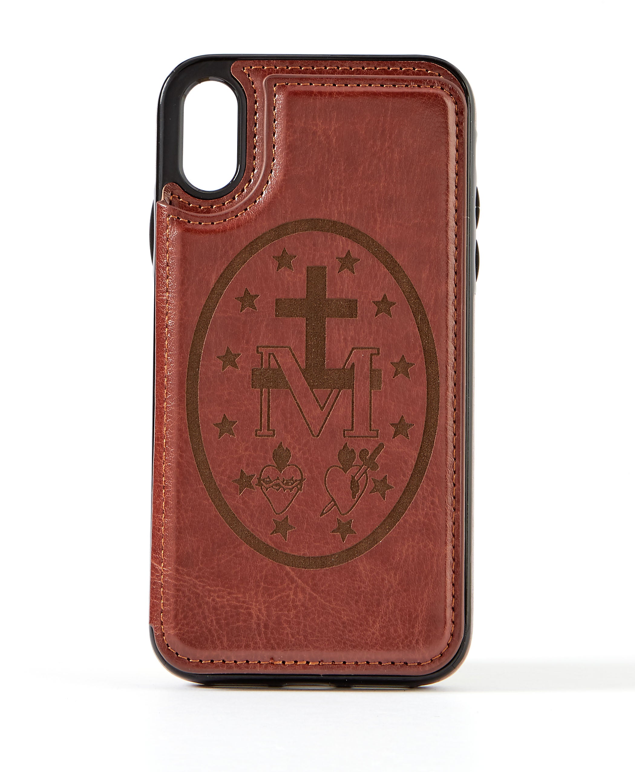 Miraculous Medal Brown Leather Wallet Case for iPhone XR